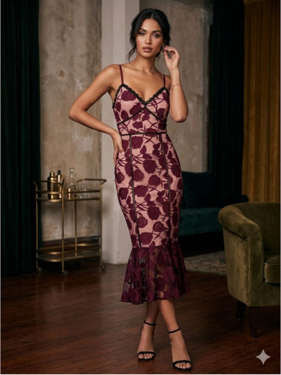 Lulus Dresses & Skirts - Lulus Burgundy Lace Midi Dress NWT Size M Floral Bodycon Mermaid Cocktail